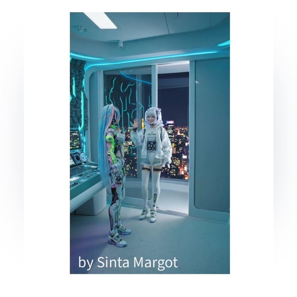 HANDCRAFTED digital art print White and Green Futuristic Robot Outfit on figures